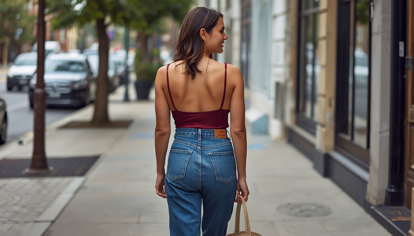How to wear a bralette with jeans: a silk bralette tucked into high-waisted denim for a casual outing.