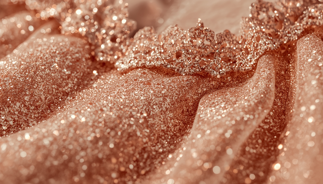Extreme close-up detail of the glitter and lace on a luxurious New Year's Eve slip dress.