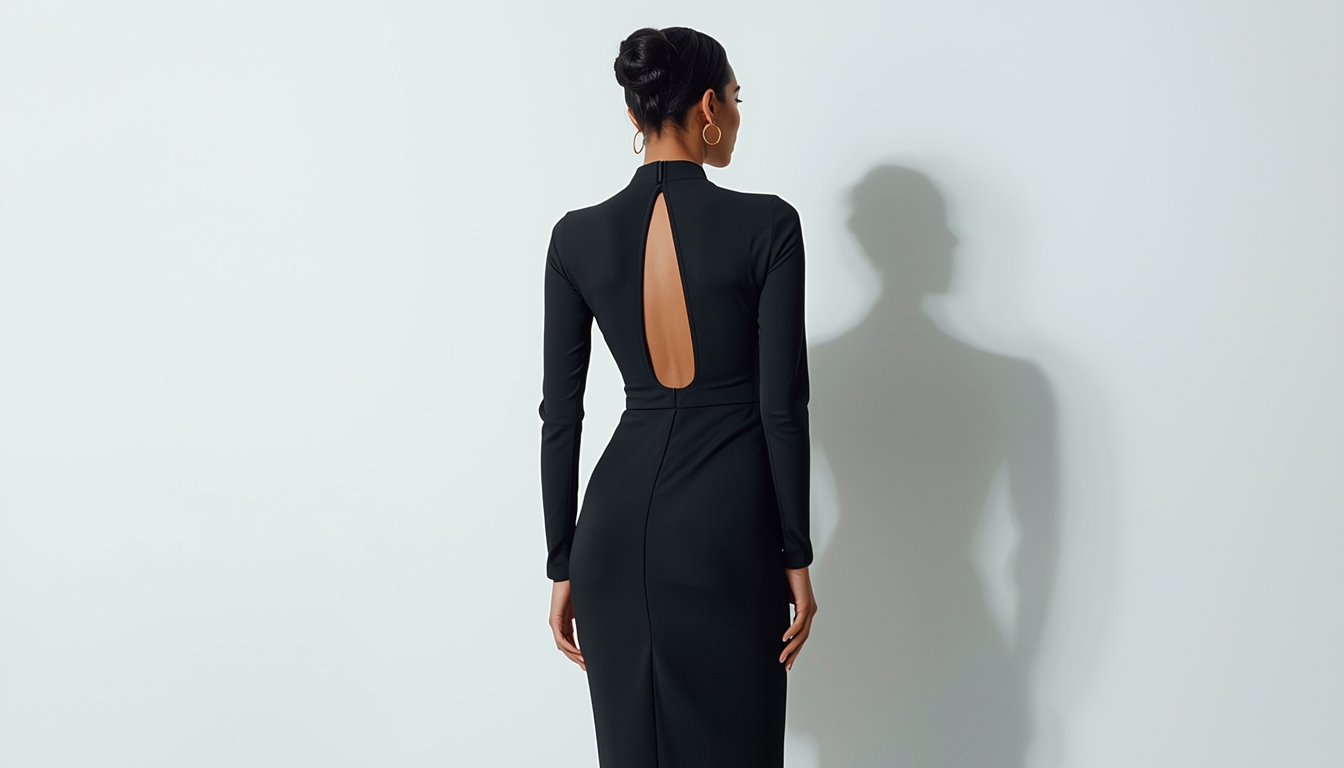 Indian woman wearing a minimalist black sculpted column dress with dramatic open back detail