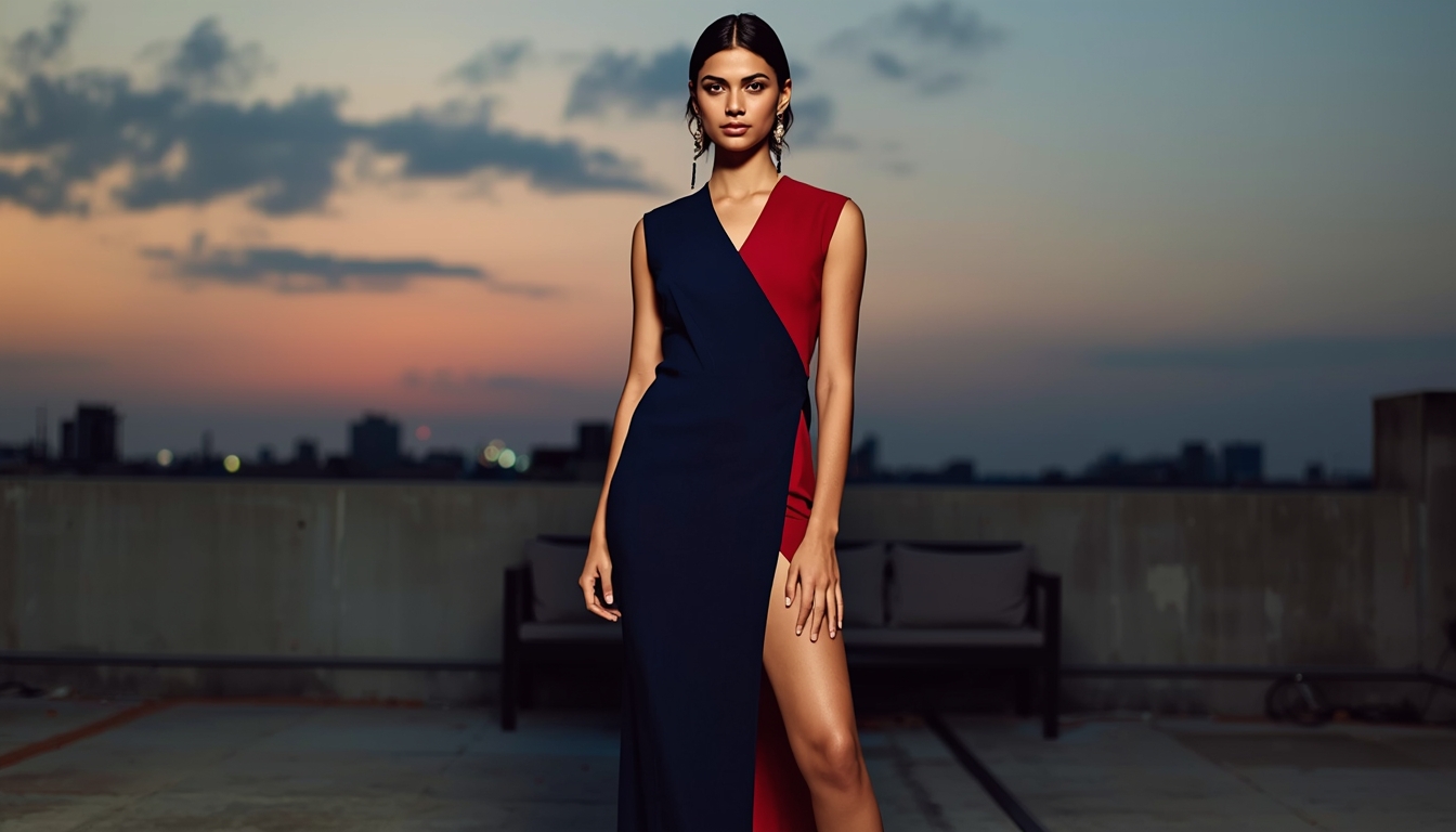 Indian model in a modern navy and red color-blocked sculpted column dress with front slit on rooftop