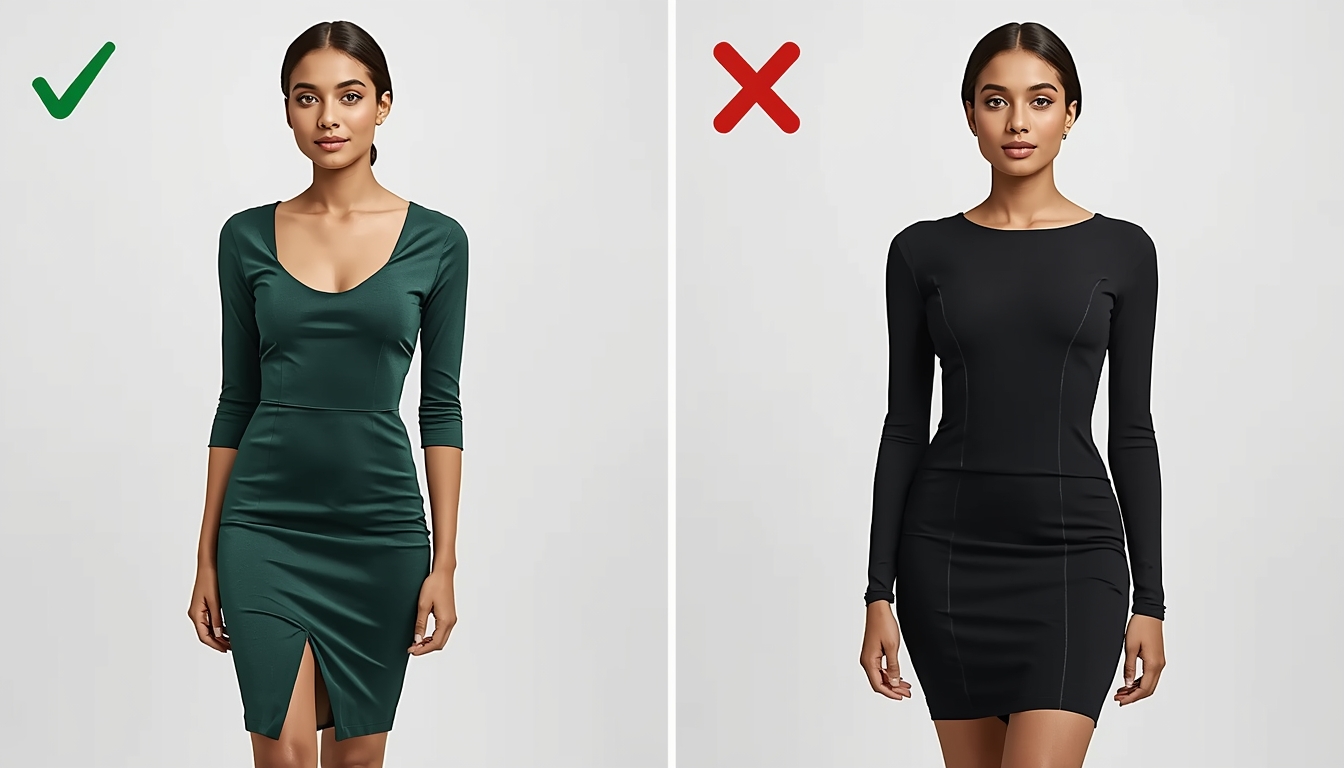 Comparison showing correct vs incorrect fit for a sculpted column dress on Indian woman