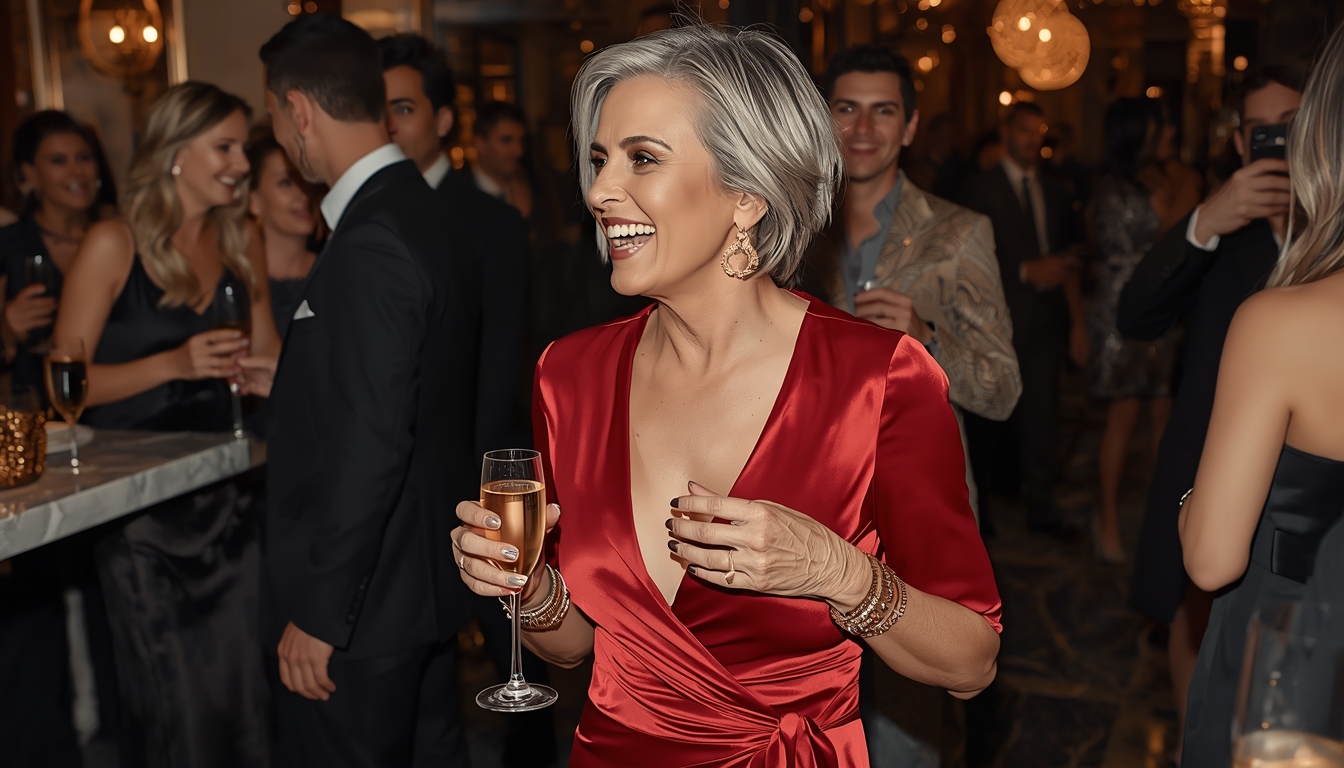 Confident woman over 40 wearing a sophisticated crimson silk wrap dress for NYE 2026, showing how classy outfits can be sexy and age-appropriate