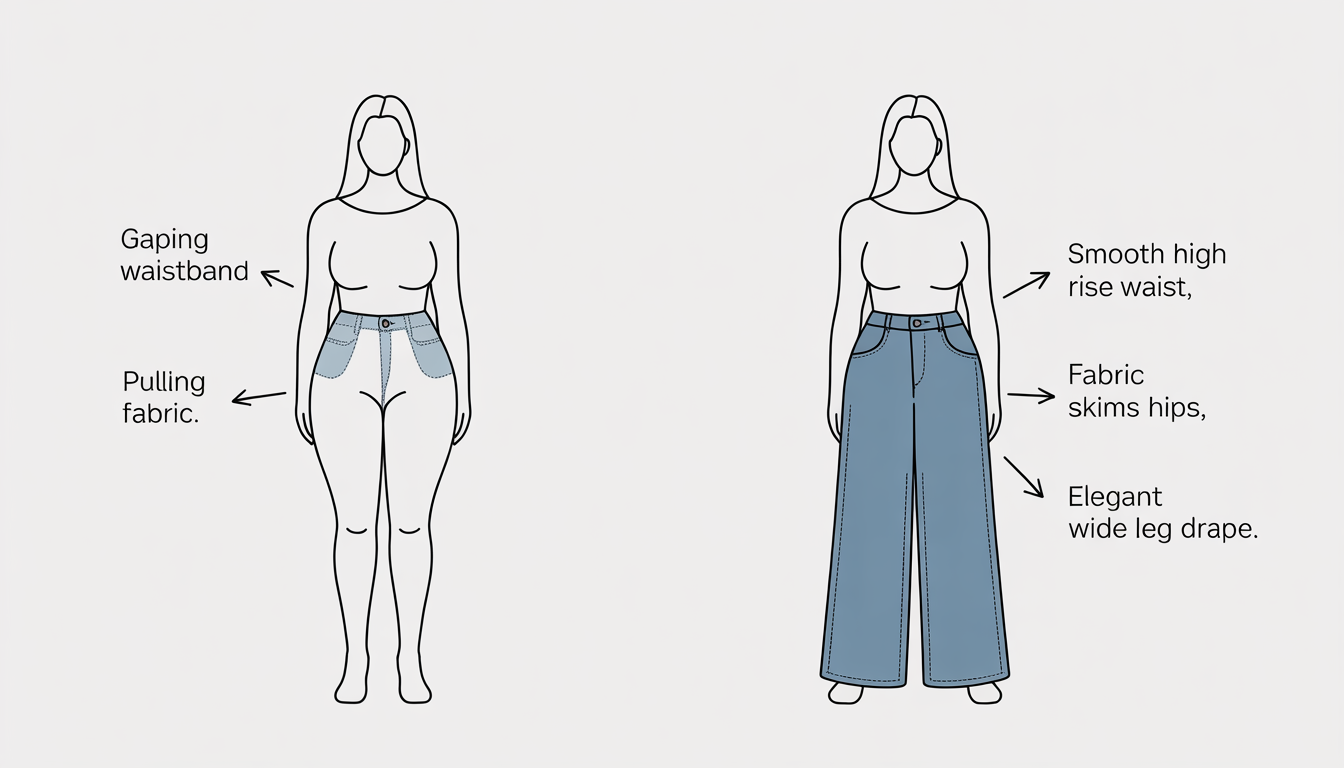 Infographic comparing bad fit vs perfect fit of wide leg jeans on curvy body types