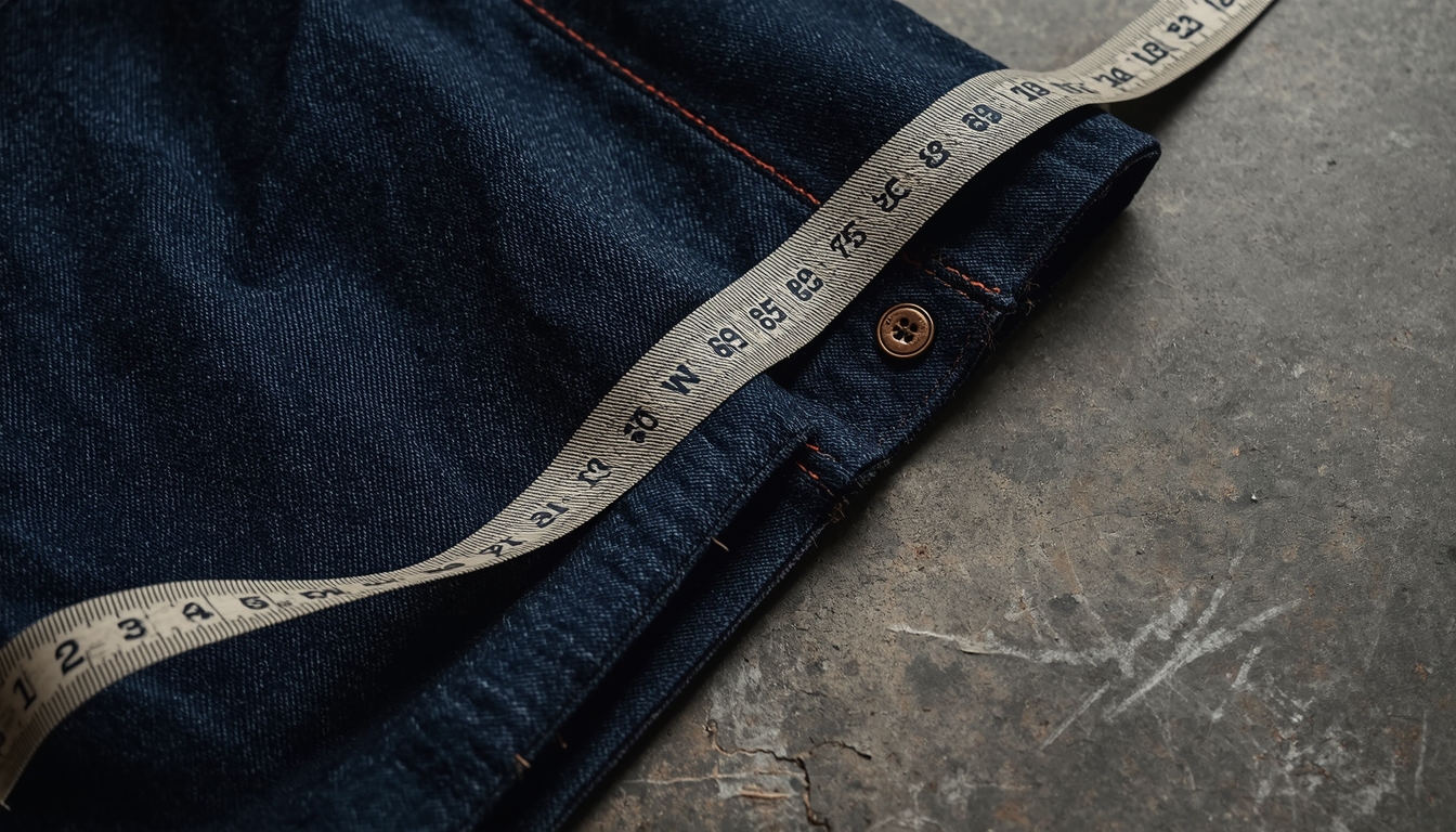 Close-up detail of sturdy raw denim fabric, selvedge edge, and hardware on wide leg jeans for curvy figures