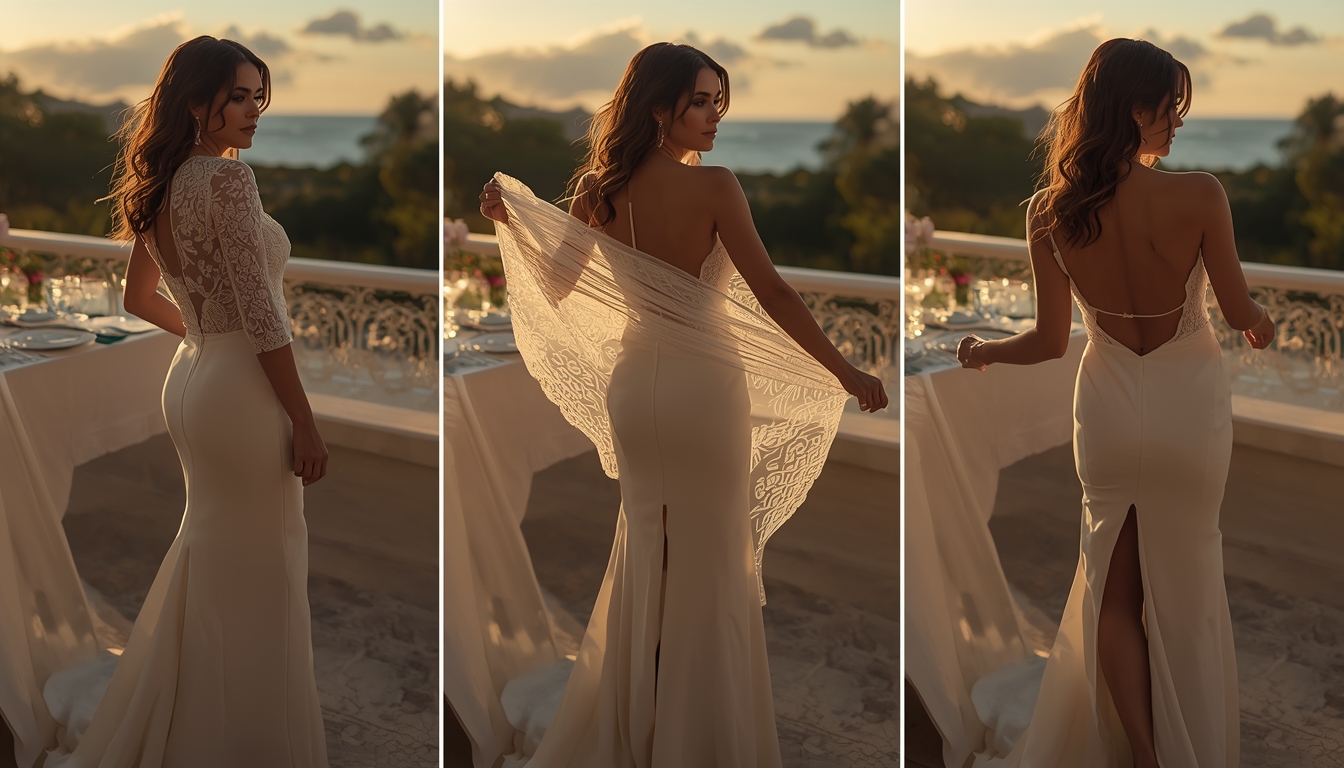 Three-panel sequence showing detachable honeymoon dress transformation: elegant dinner dress with lace overlay to sexy slip dress reveal for romantic surprise