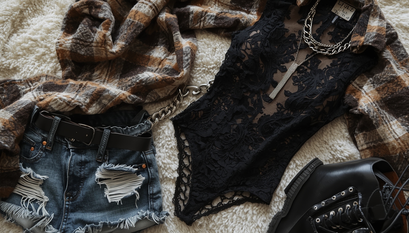 Flat lay of festival outfit components: lace bodysuit, denim shorts, plaid shirt, and combat boots for an edgy romantic look