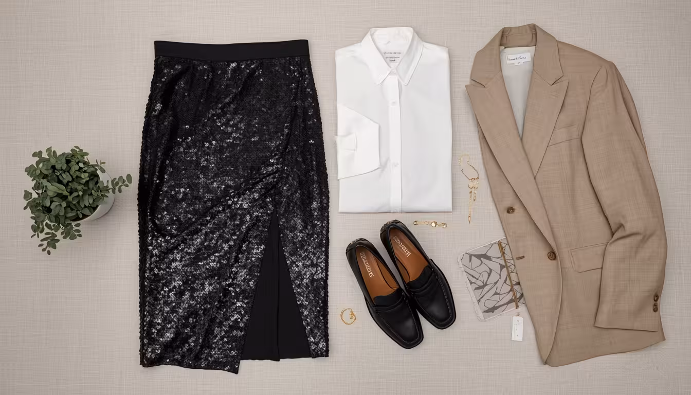 Flat lay of professional sequin skirt work outfit components: black sequin skirt, white button-down, blazer, loafers and gold jewelry