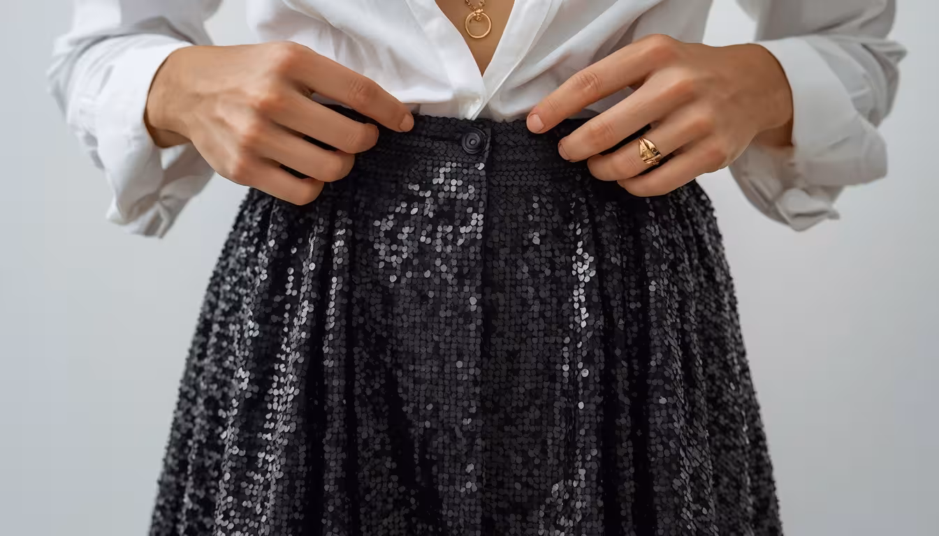 Close-up texture contrast: sparkling sequin skirt fabric next to crisp cotton shirt collar in intelligent glamour work outfit