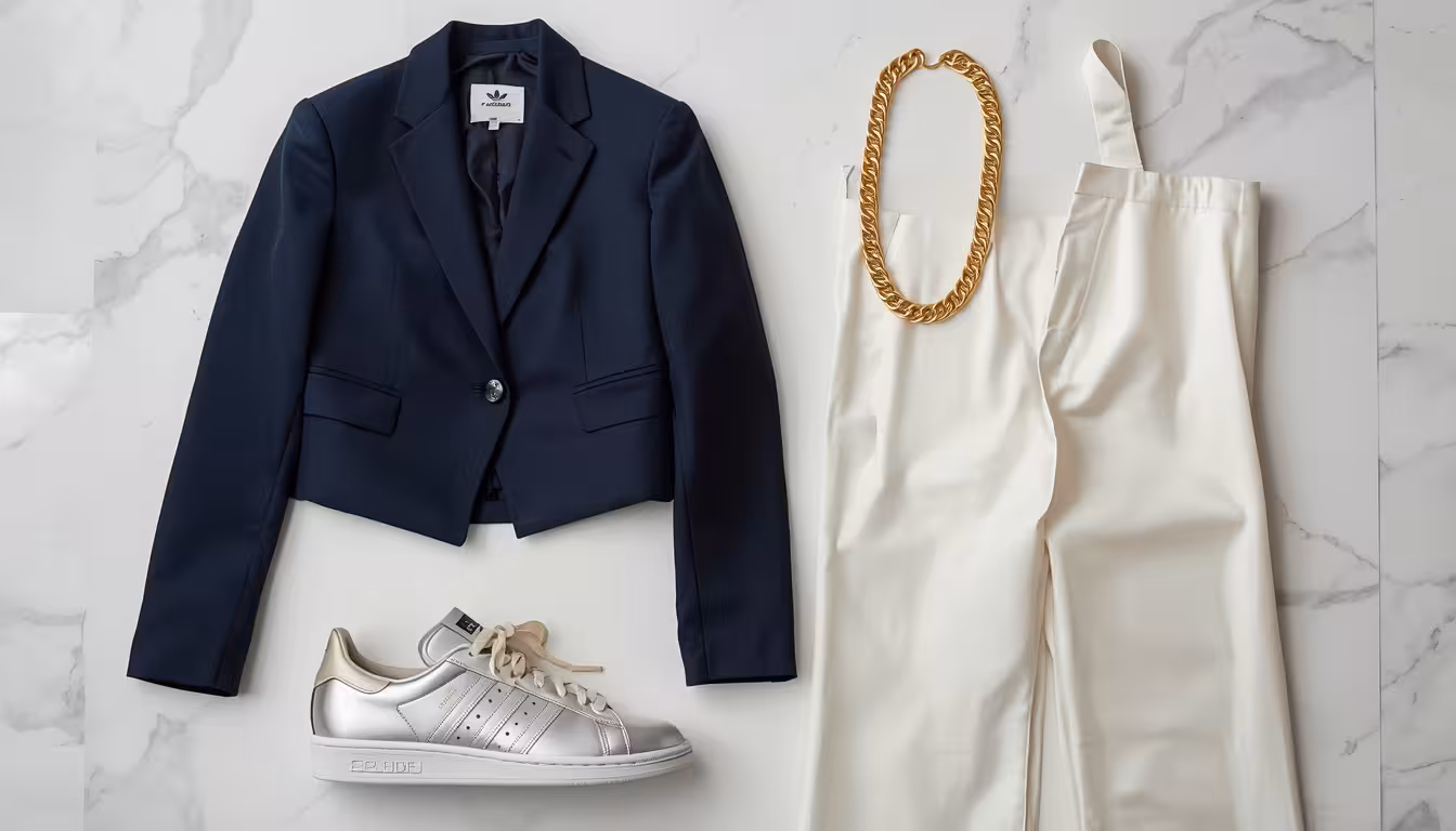 Flat lay of 2026 wardrobe essentials including a cropped blazer, metallic sneakers, and wide-leg silk pants