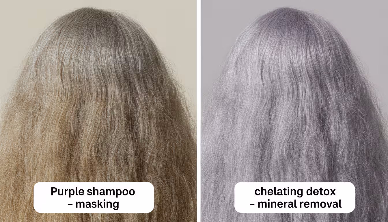 Comparison of purple shampoo masking yellow vs chelating detox removing minerals from gray hair