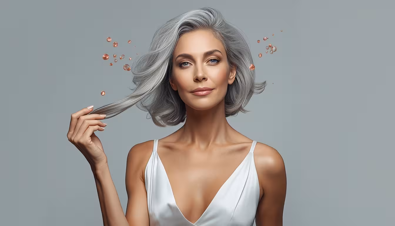 Silver-haired woman showing mineral buildup on gray hair caused by hard water