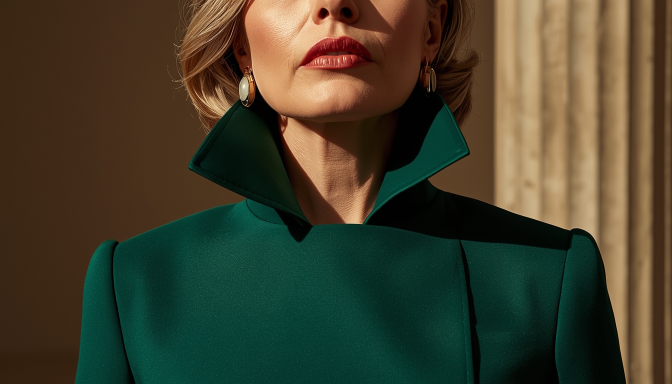 A mature woman in a structured Napoleon style jacket dress showing sharp jawline definition and power-sexy style.