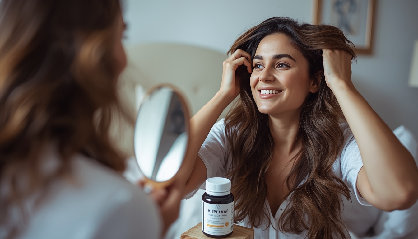 A woman over 30 experiencing hair recovery and thickness after using collagen supplements.