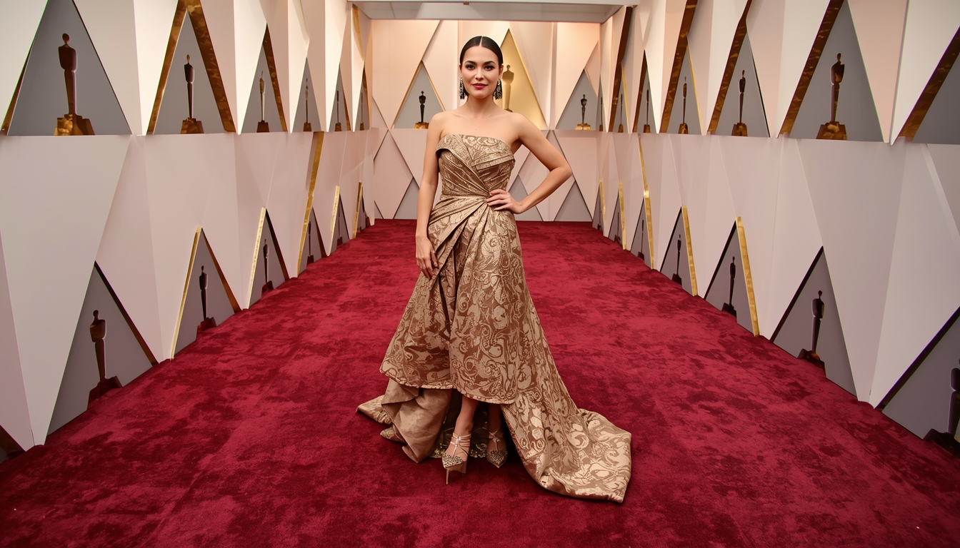 Rhea Seehorn in a custom gold jacquard Louis Vuitton armor dress at the 83rd Annual Golden Globe Awards.