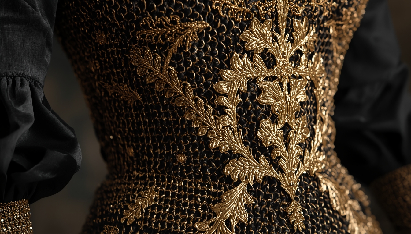 Close-up shot of the Tudor metallic chainmail bodice and gold brocade fabric detailing seen on 2026 awards gowns.