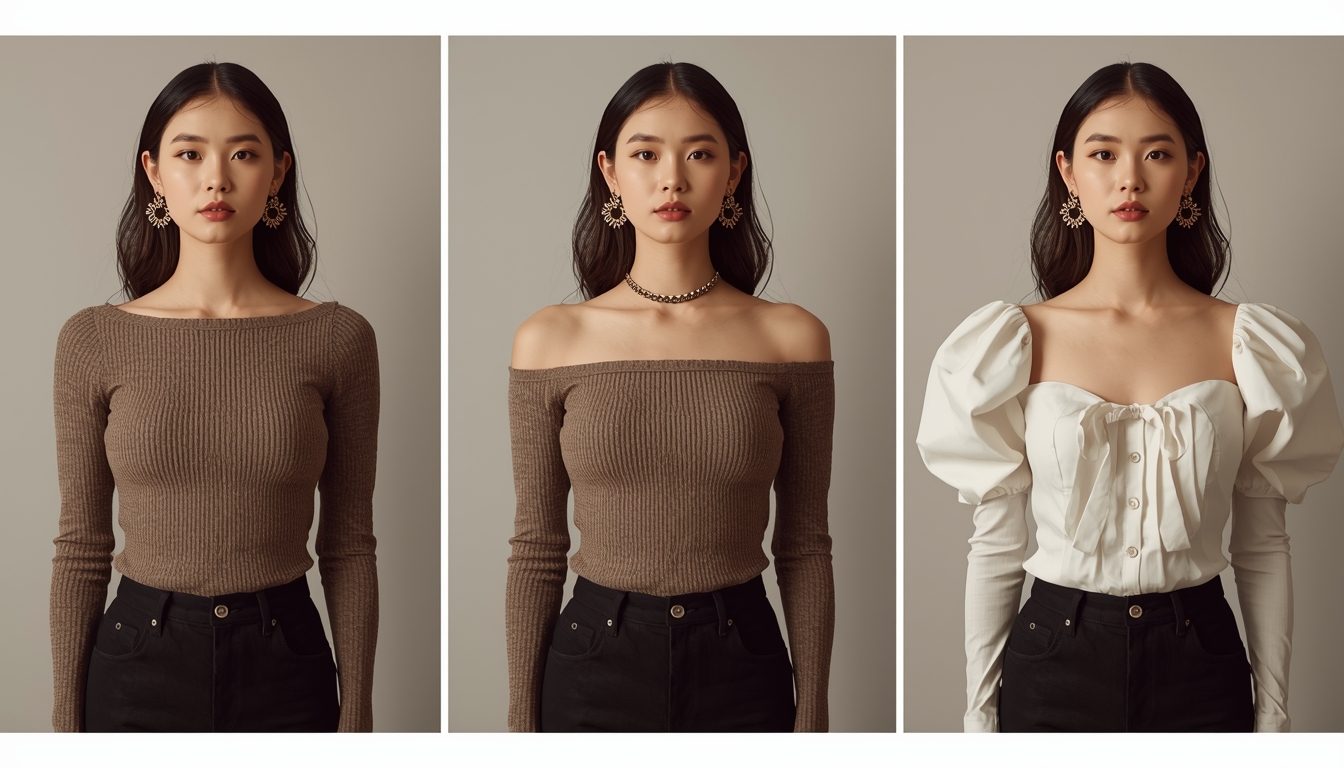 Boat neck, off-shoulder, and puff sleeve tops exaggerating broad shoulders