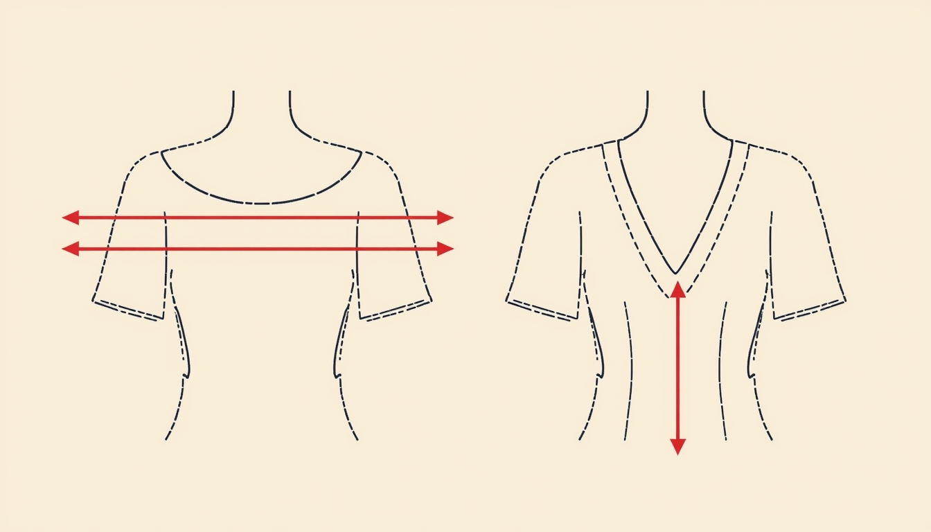 Diagram showing how V-neck creates vertical lines and boat neck emphasizes shoulder width
