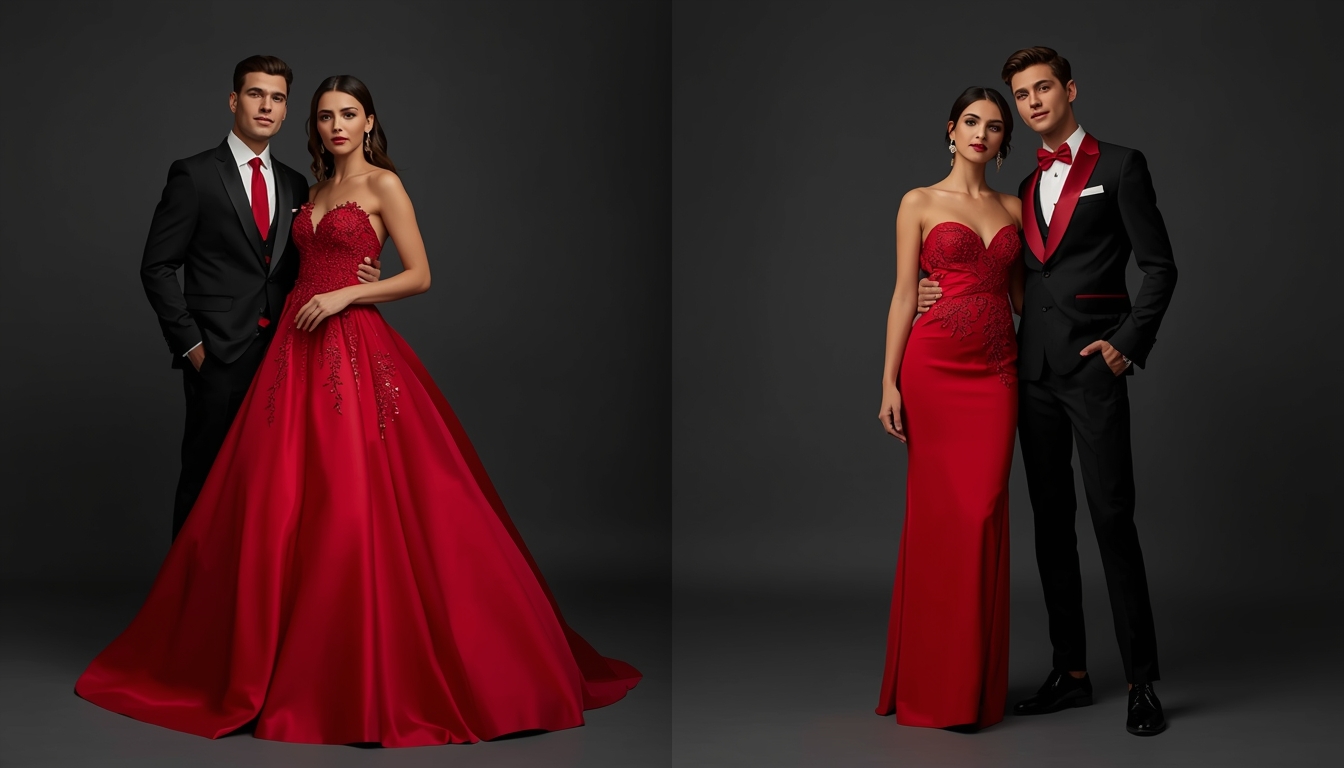 Matching black and red prom outfits for couples with coordinated formal styling
