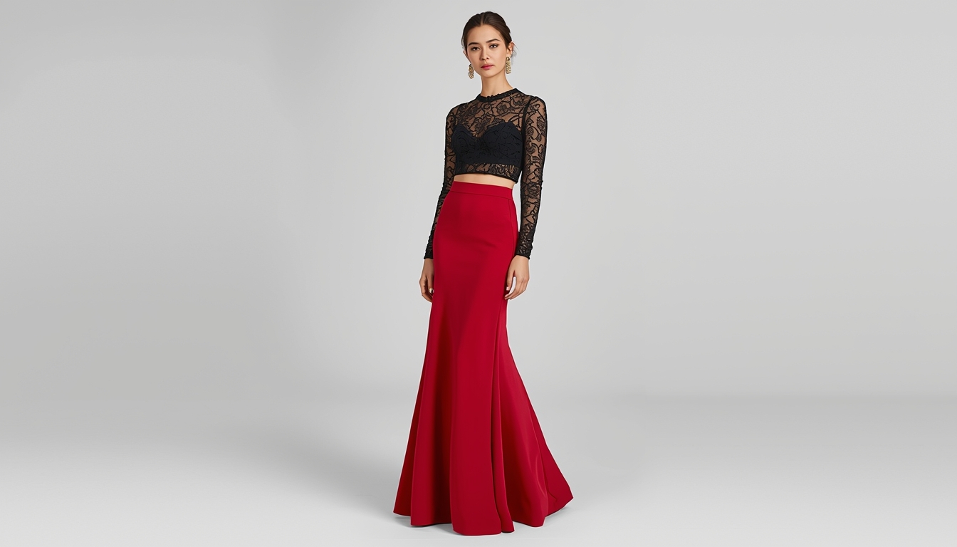 Two-piece black and red prom outfit trend for senior prom 2026