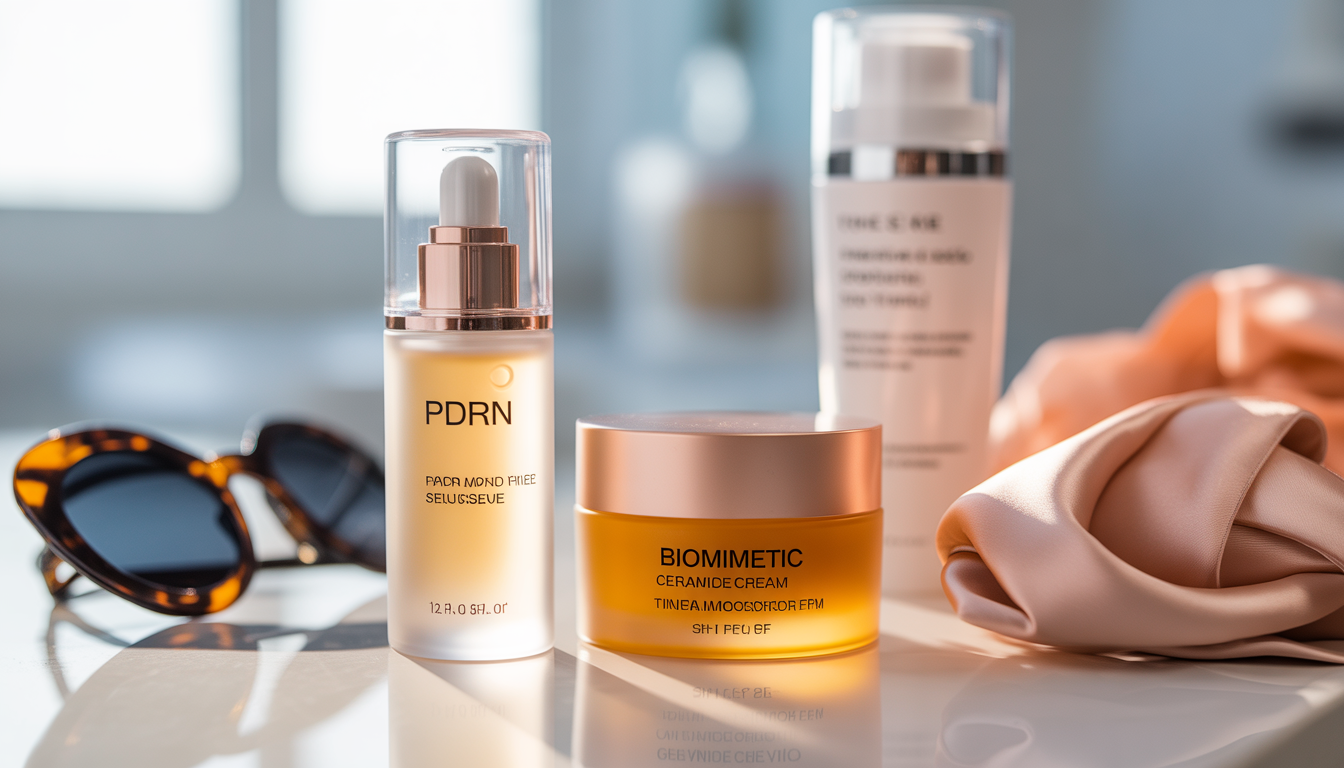 Luxury skincare products including ceramides and PDRN serum on a vanity for concert prep.