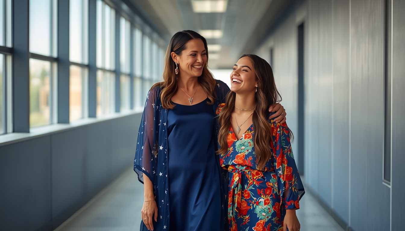 A mom in a navy star-printed kimono and her daughter sharing a moment at the Taylor Swift Eras Tour.