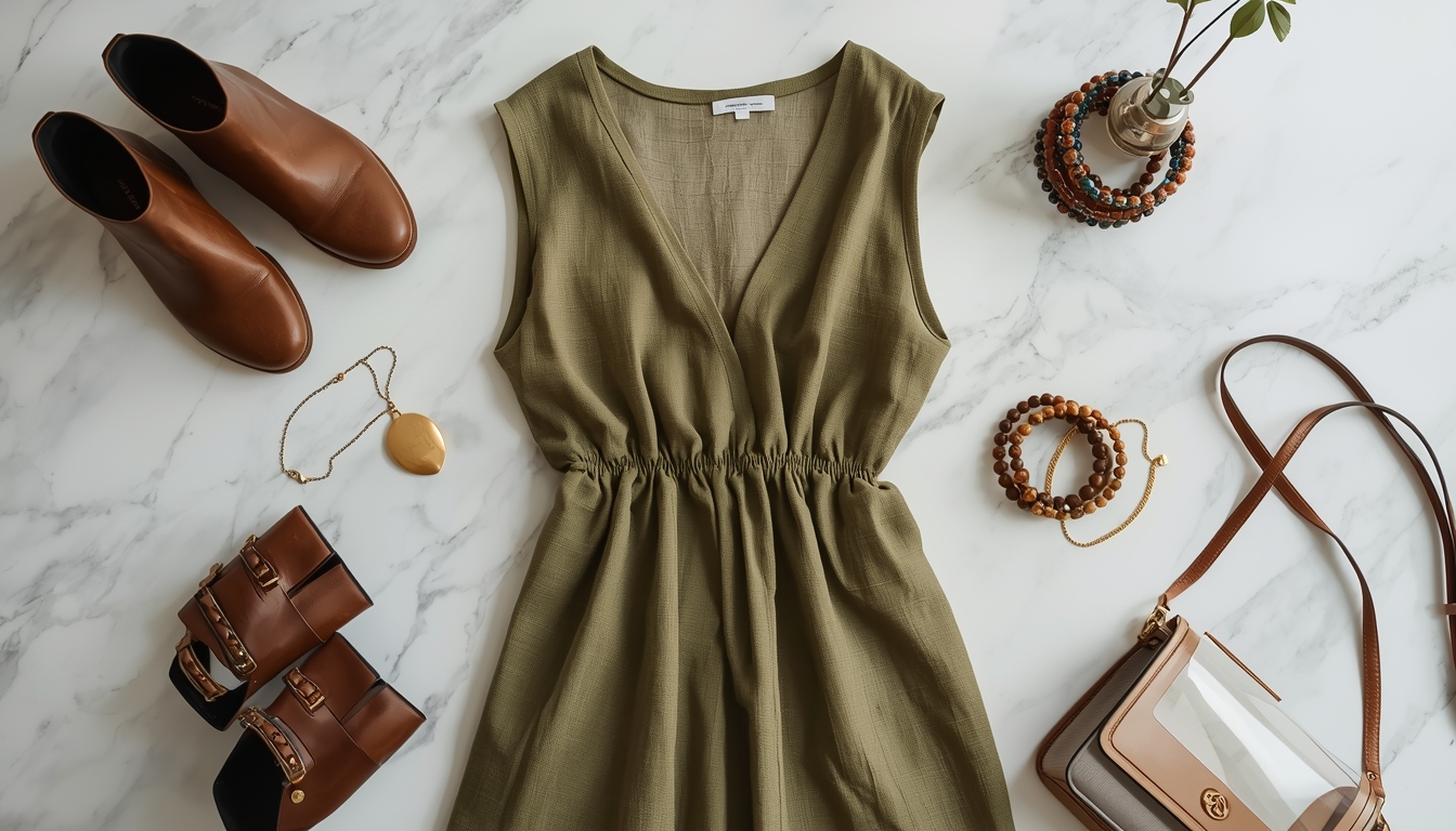 Flatlay of a Folklore-inspired olive green linen dress with leather ankle boots and friendship bracelets.