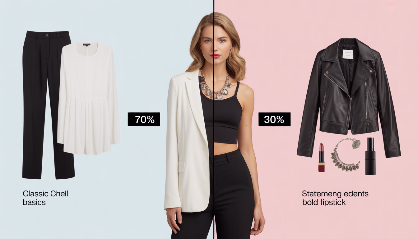 70/30 rule for edgy professional style: 70% classic basics + 30% personal edge for office appropriate outfits