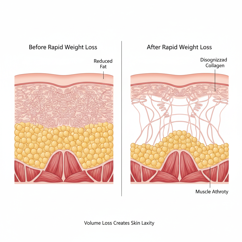 Illustration showing collagen, fat loss, and muscle reduction causing gluteal skin sagging