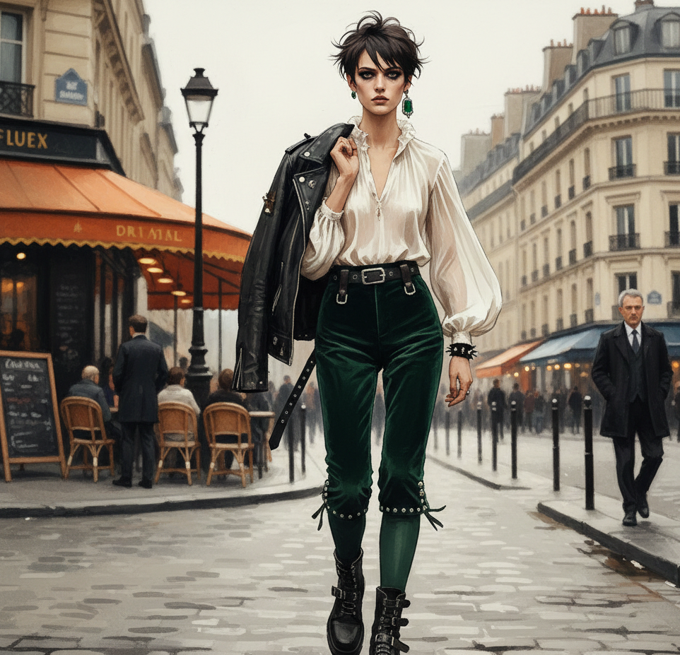 Fashion illustration of a Rococo-punk outfit blending historical and 1970s Parisian street style.