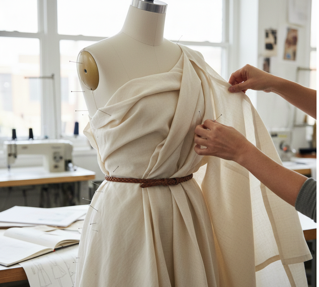 Hands draping mid-weight linen fabric on a mannequin to create a one-shoulder dress, pins and belts in use, workshop setting with natural light, focus on textures and folds.