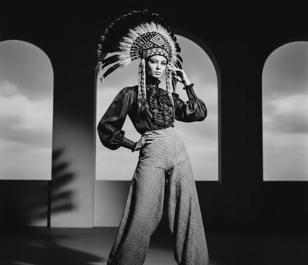 Donyale Luna-inspired outfit mixing cultural patterns, with dramatic texture contrasts in monochrome.