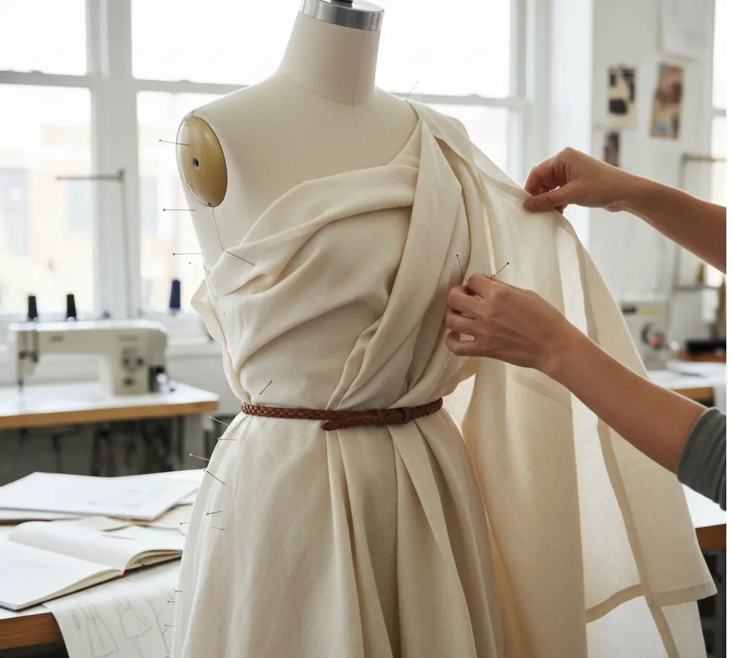 Hands draping mid-weight linen fabric on a mannequin to create a one-shoulder dress, pins and belts in use, workshop setting with natural light, focus on textures and folds.