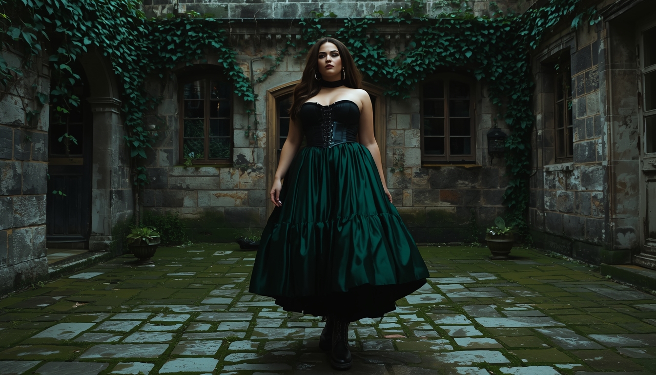 Curvy model wearing a black structured bubble skirt with a corset top and combat boots, showcasing the 2026 Castlecore fashion trend.