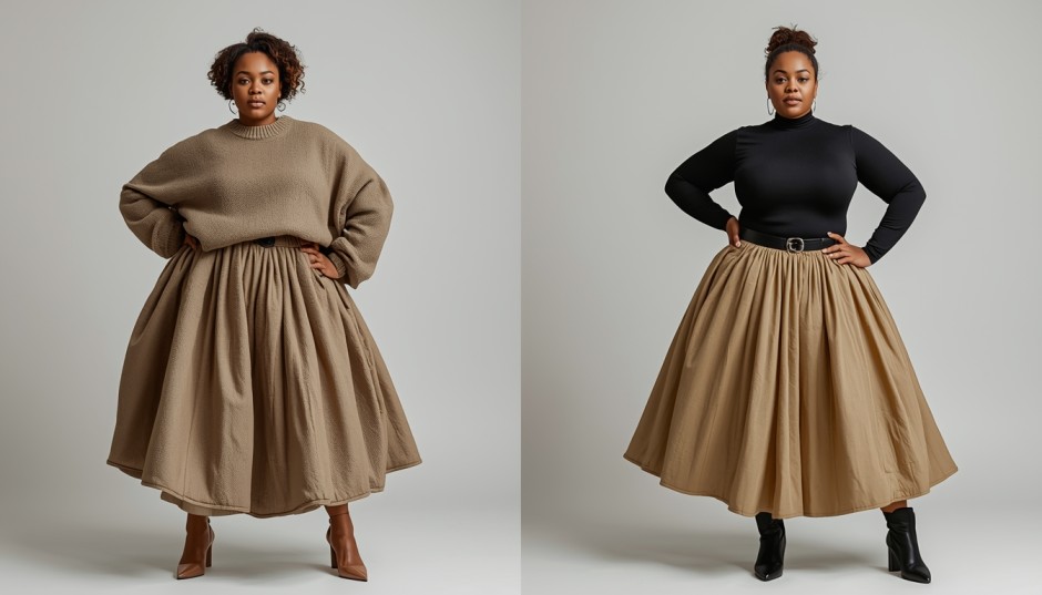 A side-by-side comparison of a curvy woman styling a bubble skirt with a tucked-in top versus an untucked top to show waist definition.