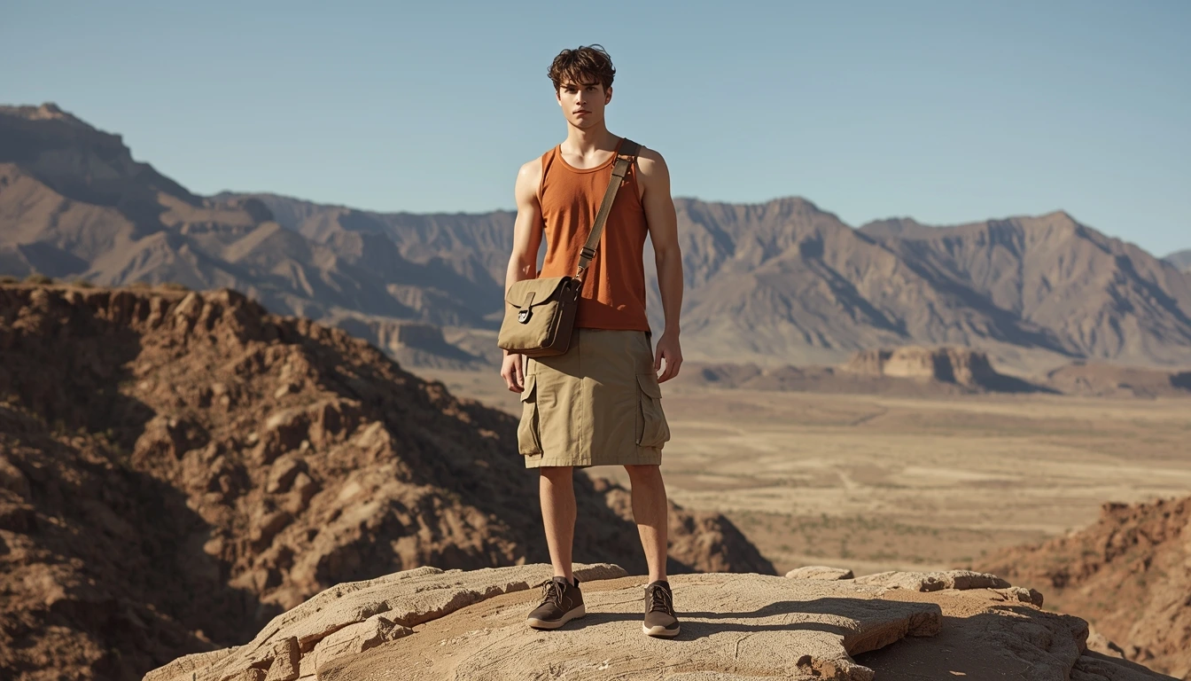 Male desert core casual weekend look Dune Nomad with utility cargo skirt