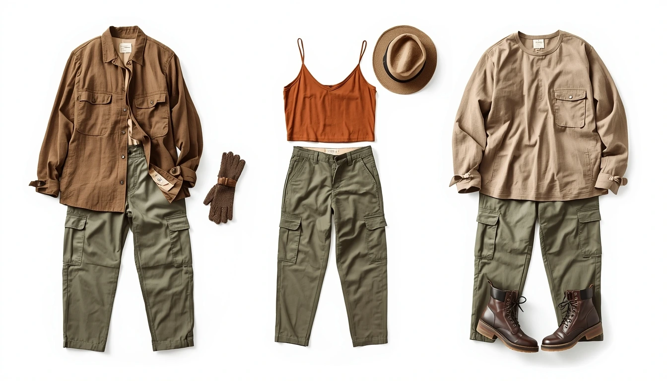 Khaki cargo pant desert-core styling variations with layers and accessories