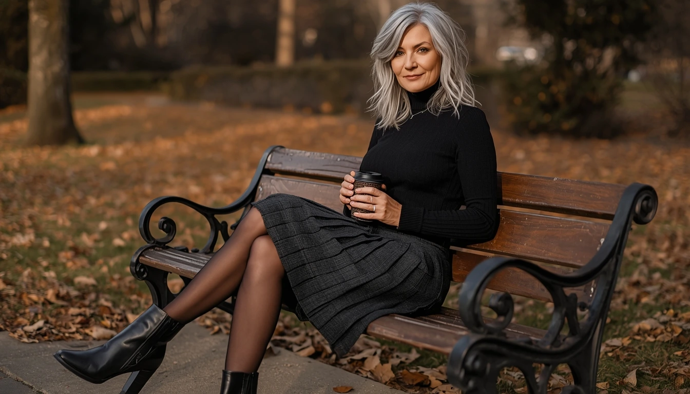 Pleated midi skirt with turtleneck and boots creating elegant semi-casual layered outfit for weekend dates or dinners in 2026.