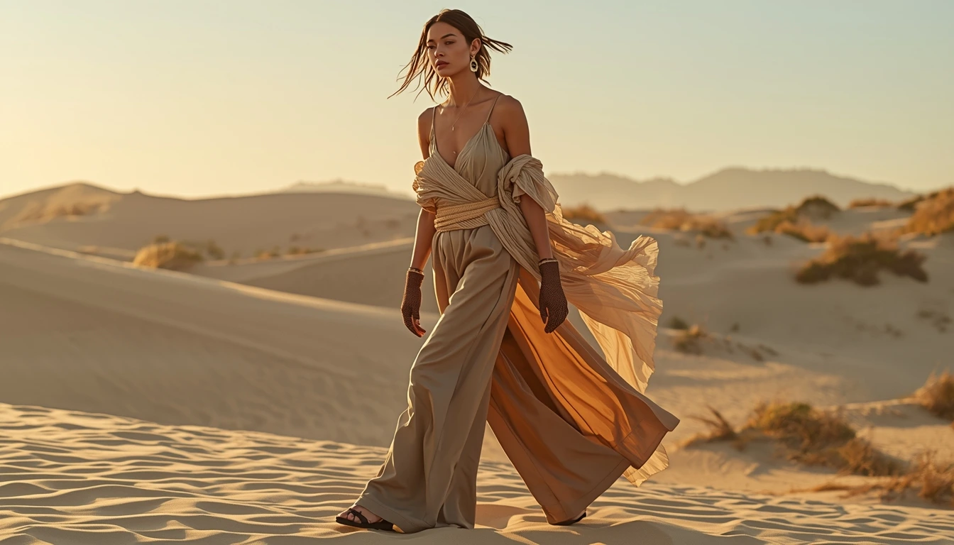 Female desert core outfit Oasis Shapeshifter khaki culottes work-to-festival look