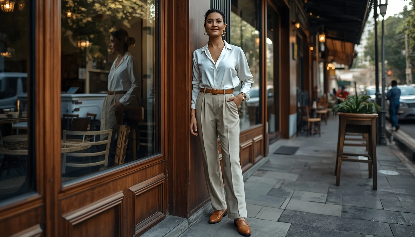Woman styling beige wide-leg pants with tucked blouse and loafers for effortless office-to-brunch semi-casual outfit in 2026.