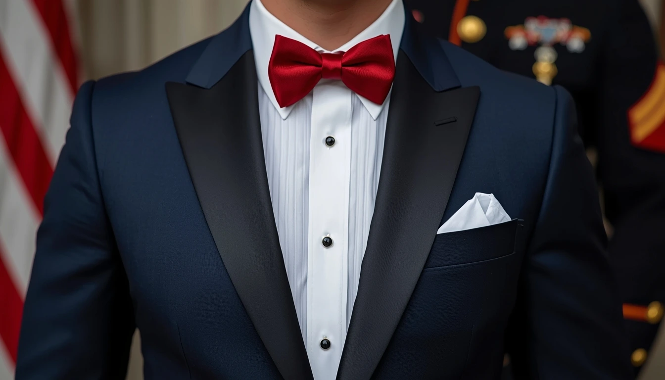 Men color coordinated formal wear for military balls navy tux with scarlet tie