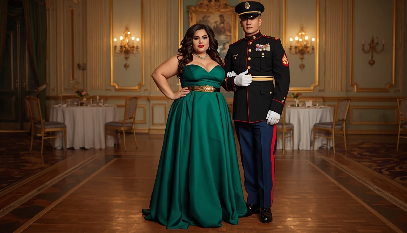 Plus size color coordinated formal wear for military balls emerald gown with Army gold accents
