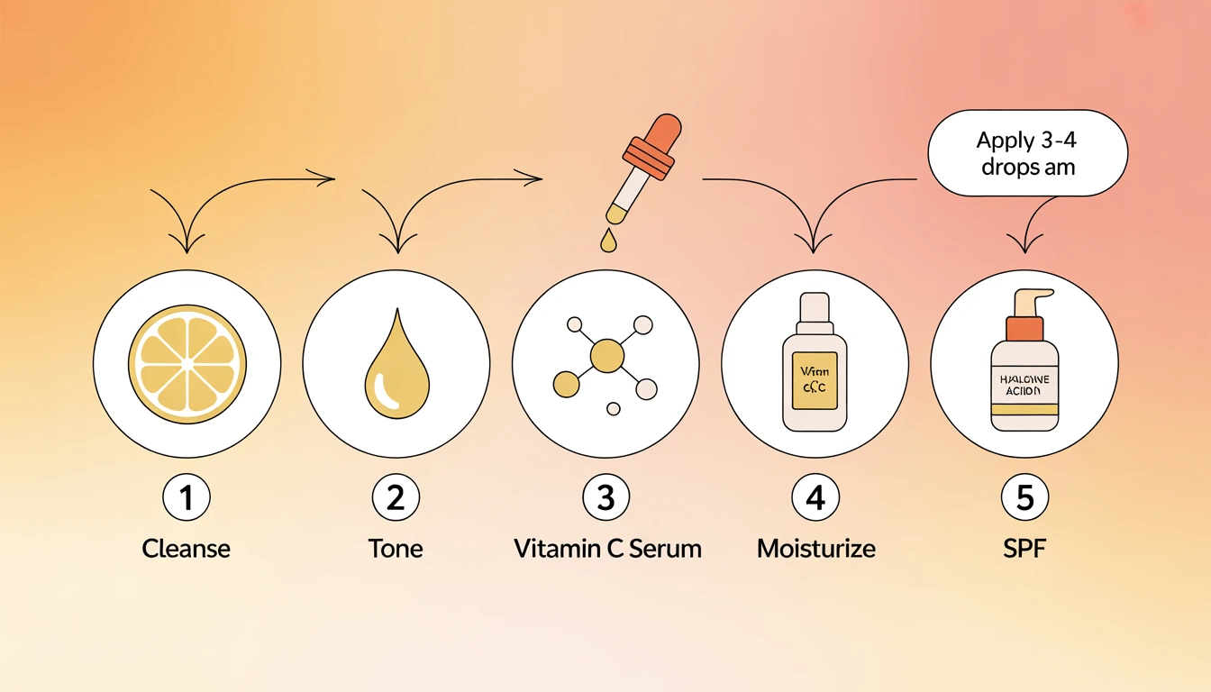 Step by step morning skincare routine with vitamin C serum application order cleanser toner serum moisturizer SPF infographic