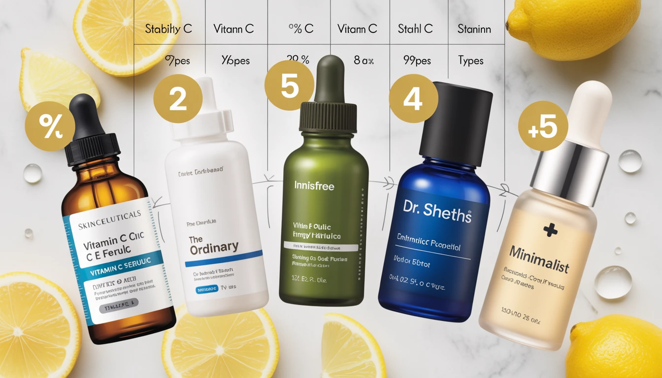 Best vitamin C serums comparison table SkinCeuticals vs The Ordinary vs Innisfree with prices percentages and skin type recommendations