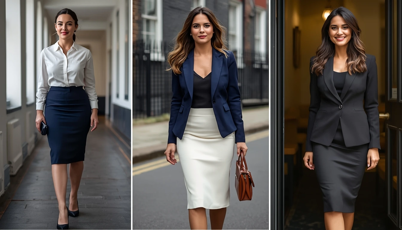 Real UK women wearing ladylike silhouettes - midi skirt ladylike, tailored blazer feminine, pencil skirt silhouette