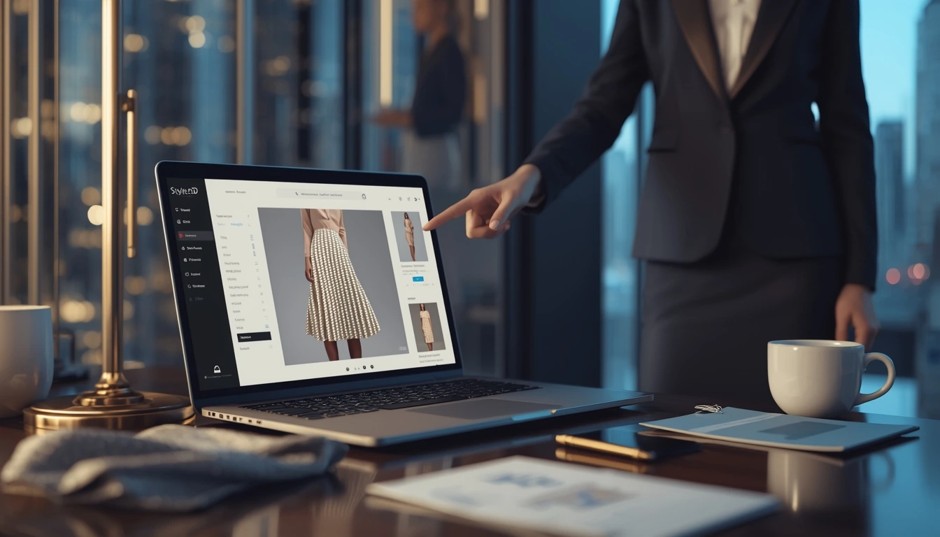 Style3D AI virtual fashion prototyping software demo on laptop with fabric swatches in London office