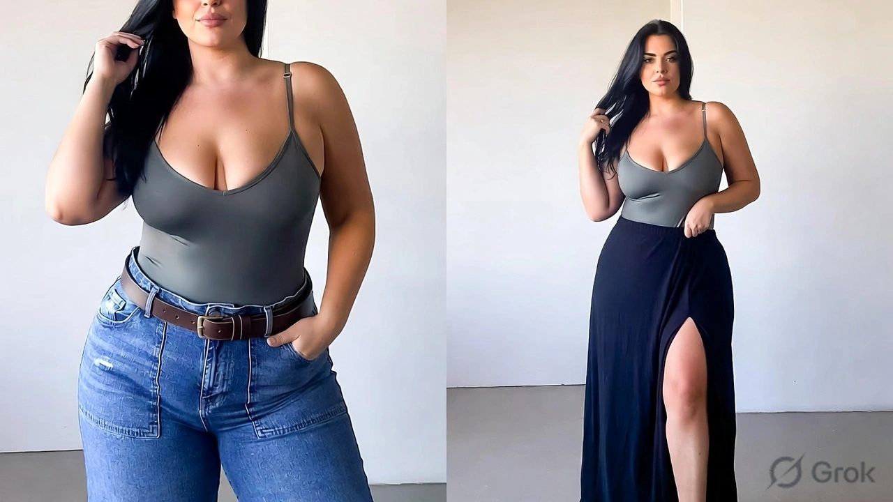 Layer bodysuit under jeans curvy tuck big booty hourglass style.