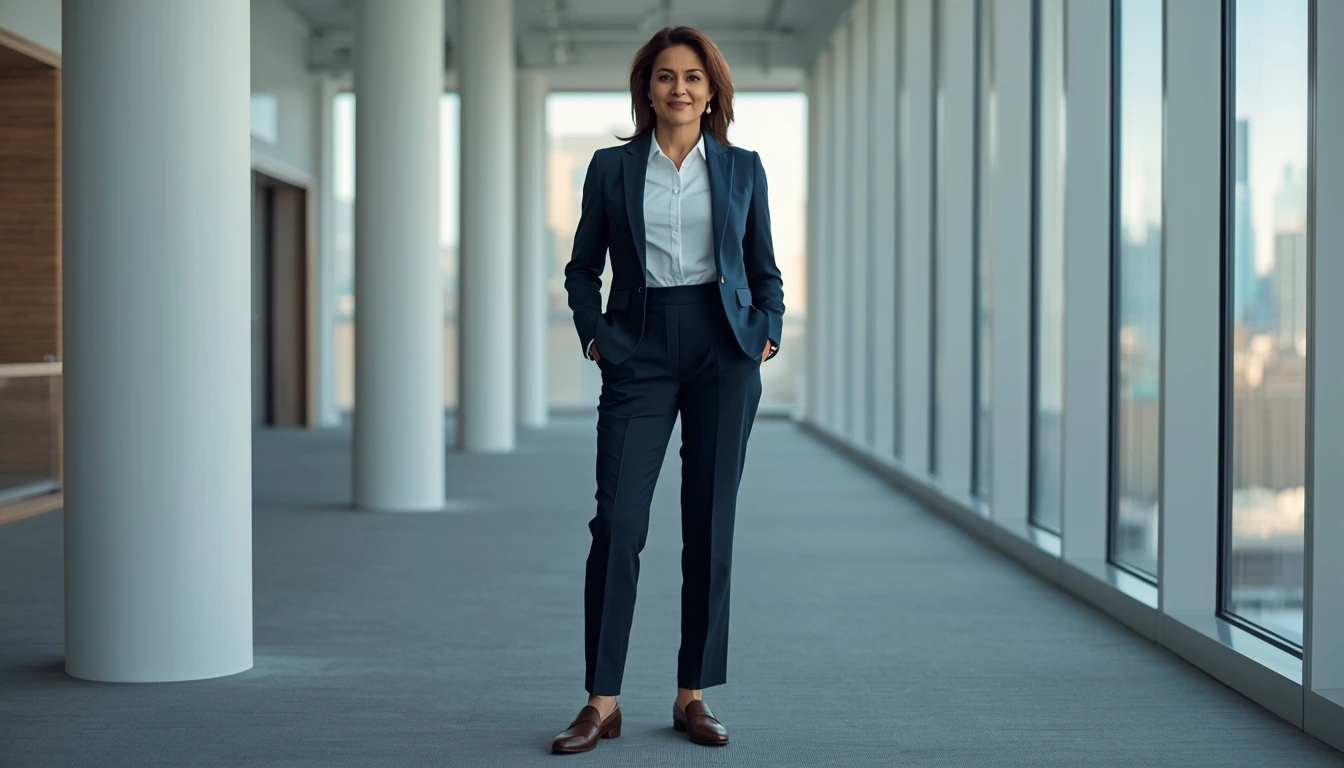 Fair-skinned woman over 50 in blazer outfit for US office work.