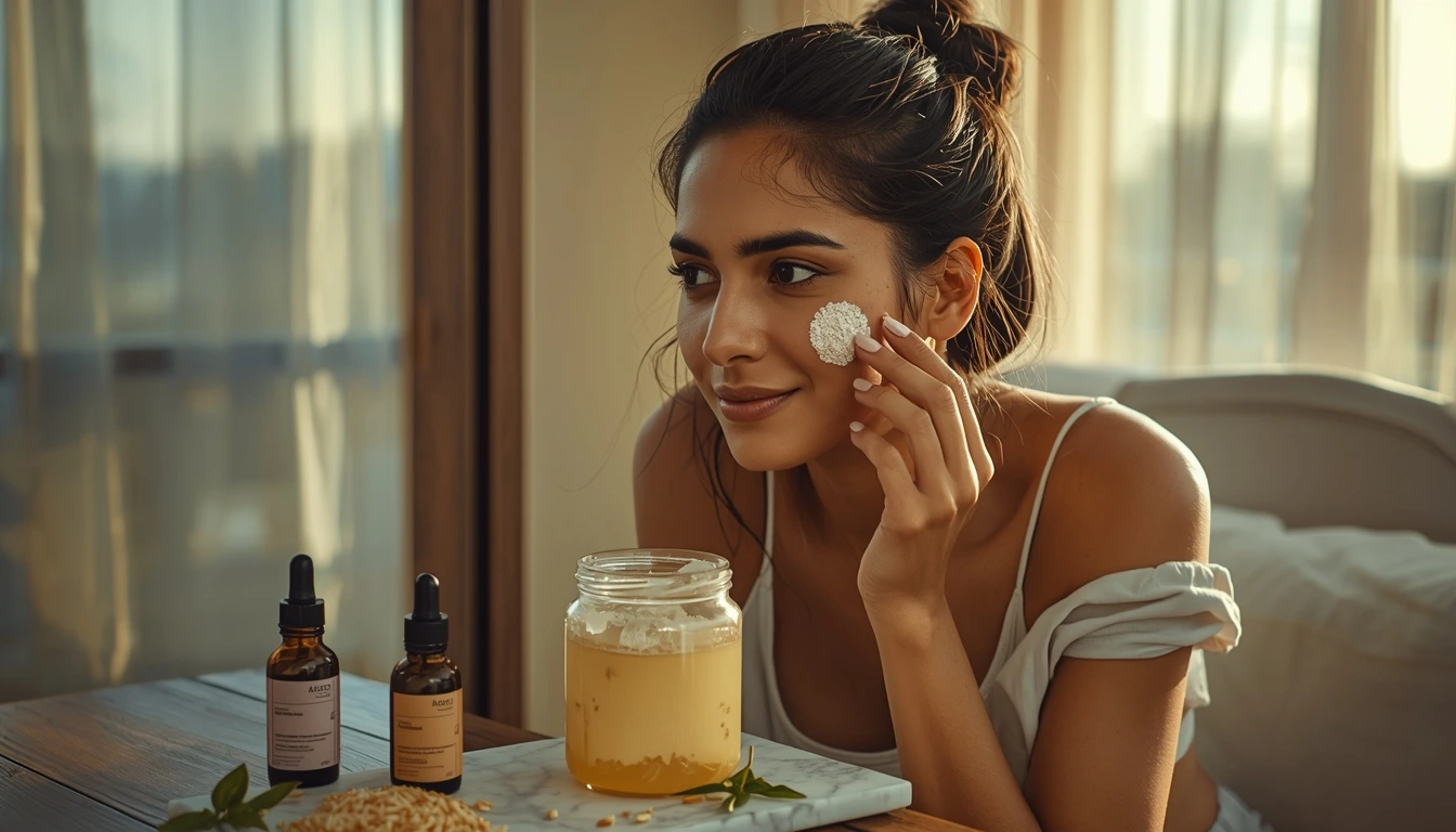 woman applying fermented rice water toner in step-by-step skincare routine for microbiome balance