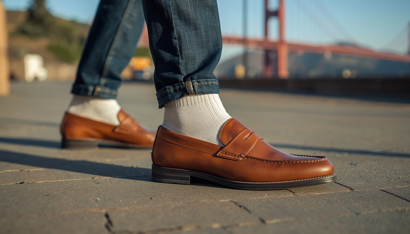 Comfortable tan loafers with jeans on fair-skinned woman's feet in USA city.