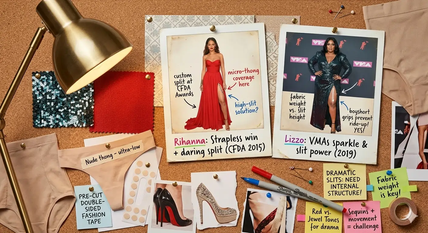 Rihanna and Lizzo red carpet high slit dress looks analyzed with underwear choice calloutsthong, boyshorts preventing slips